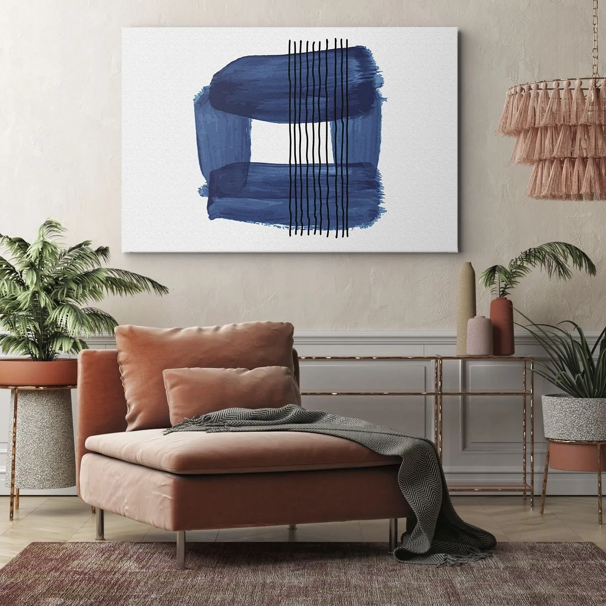 Quadro em tela - Padrão abstrato em tons de azul com linhas pretas - 70x50cm - Composição azul-negra - Decoração de parede moderna para a sala de estar e quarto ARTTOR