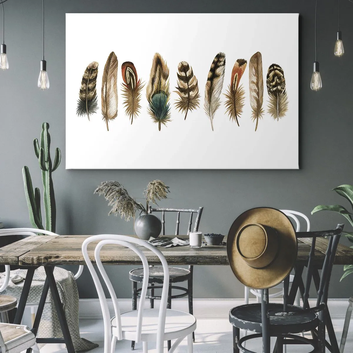 Quadro em tela - Motivo decorativo de uma coleção de penas diversas - 70x50cm - Variações de penas - Decoração de parede moderna para a sala de estar e quarto ARTTOR