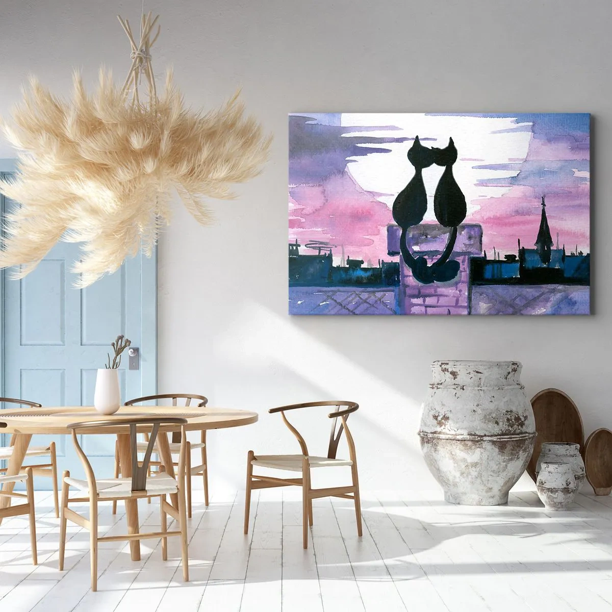 Quadro em tela - Gatos pretos em um telhado ao luar em um cenário de aquarela - 70x50cm - Rendez-vous sob a lua - Decoração de parede moderna para a sala de estar e quarto ARTTOR