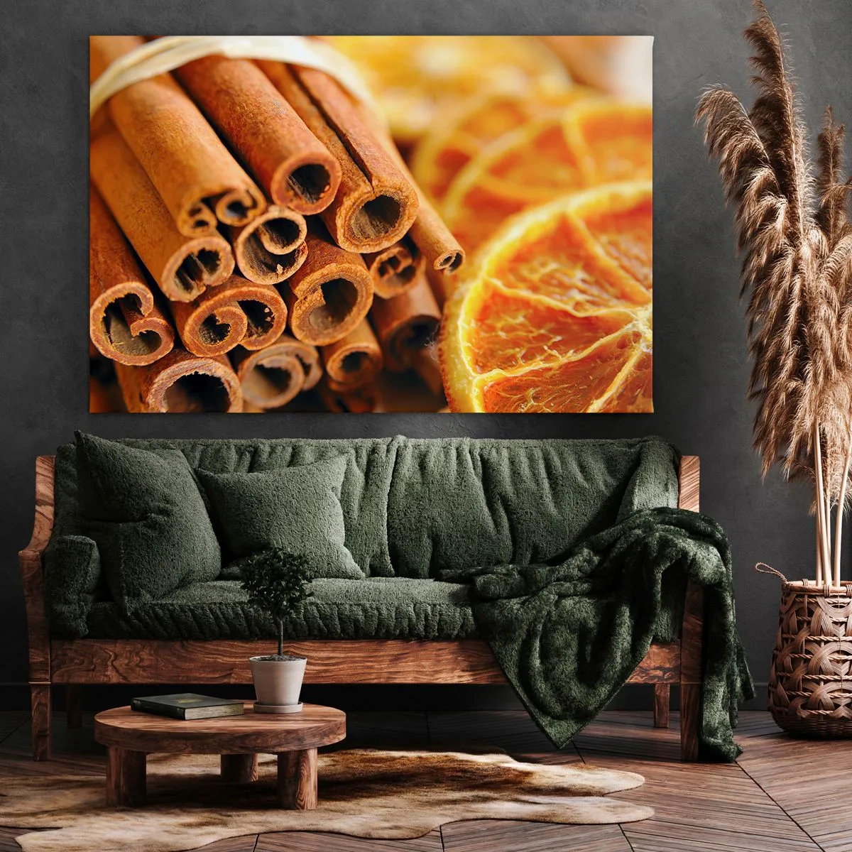 Quadro em tela - Paus de canela com fatias de laranja secas em cores quentes - 70x50cm - Sente o cheiro? - Decoração de parede moderna para a sala de estar e quarto ARTTOR