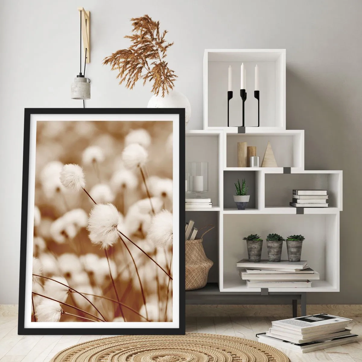 Pôster com moldura preta - Folhas fofas de grama em uma foto delicada - 50x70cm - Campos felpudos - Decoração de parede moderna para a sala de estar e quarto ARTTOR