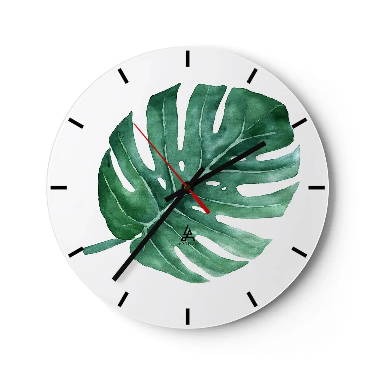 Relógio de parede - Relógio em vidro - Ilustração em aquarela de uma folha de monstera - 30x30cm - Conceito verde - Decoração de parede moderna para a sala de estar, cozinha e quarto ARTTOR