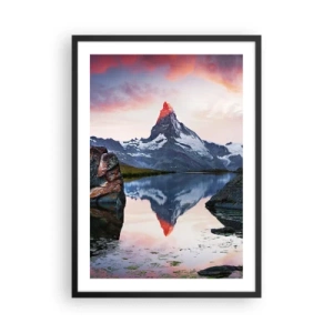 Pôster com moldura preta - Uma montanha refletida em um lago ao pôr do sol - 50x70cm - O coração das montanhas é quente - Decoração de parede moderna para a sala de estar e quarto ARTTOR