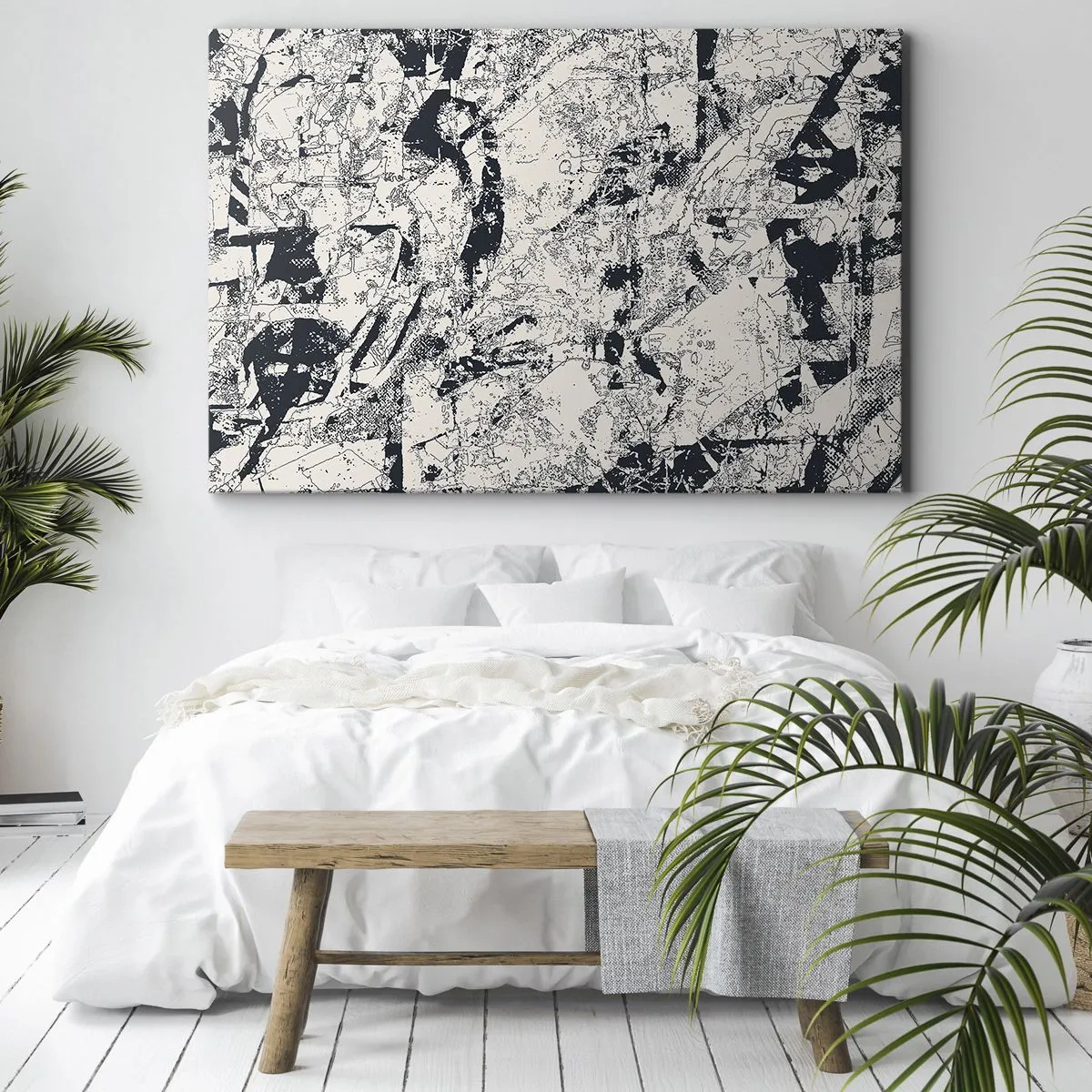 Quadro em tela - Composição abstrata em preto e branco com layout dinâmico - 70x50cm - Interpenetração de opostos - Decoração de parede moderna para a sala de estar e quarto ARTTOR