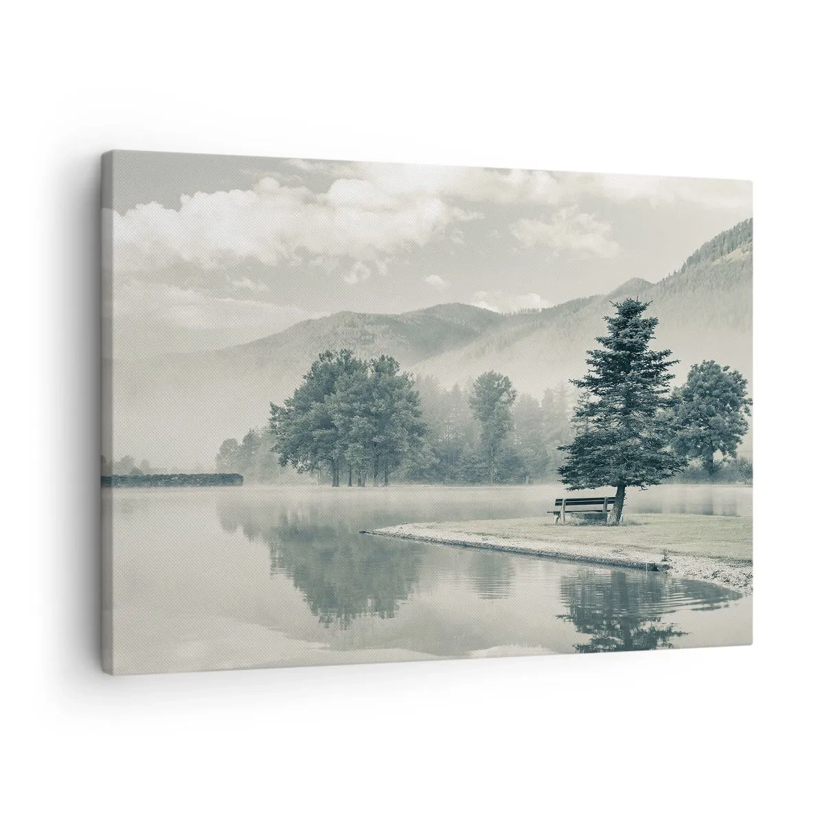 Quadro em tela - Um lago pitoresco com um banco e neblina ao fundo - 70x50cm - O lago ainda está a dormir - Decoração de parede moderna para a sala de estar e quarto ARTTOR