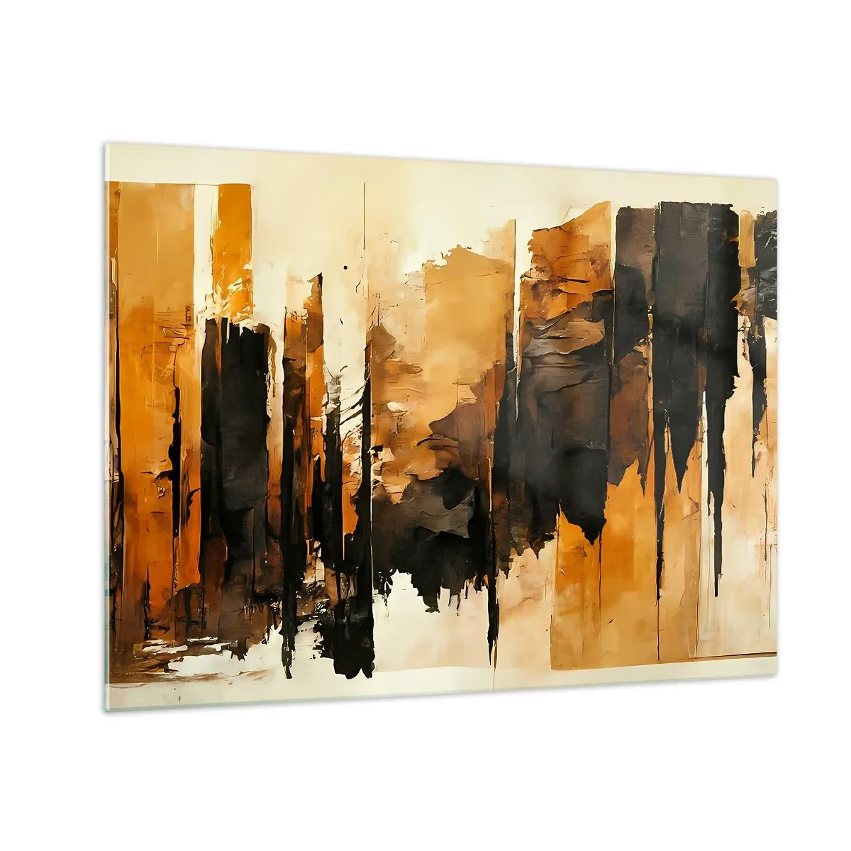 Quadro em vidro - Abstração marrom-dourada com estruturas verticais - 70x50cm - Harmonia de preto e dourado - Decoração de parede moderna para a sala de estar e quarto ARTTOR