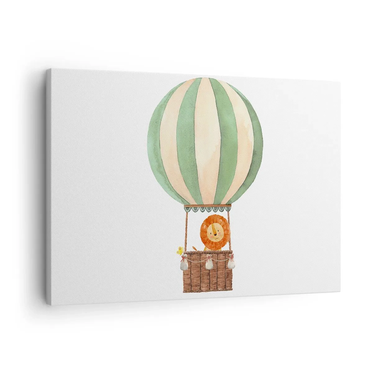 Quadro em tela - Um balão com um leão sorridente em uma cesta de cor pastel - 70x50cm - As viagens de Leon - Decoração de parede moderna para a sala de estar e quarto ARTTOR