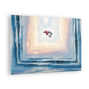 Quadro em vidro - Um homem saltando sobre o mar em um quadro surrealista - 70x50cm - Para outra dimensão - Decoração de parede moderna para a sala de estar e quarto ARTTOR
