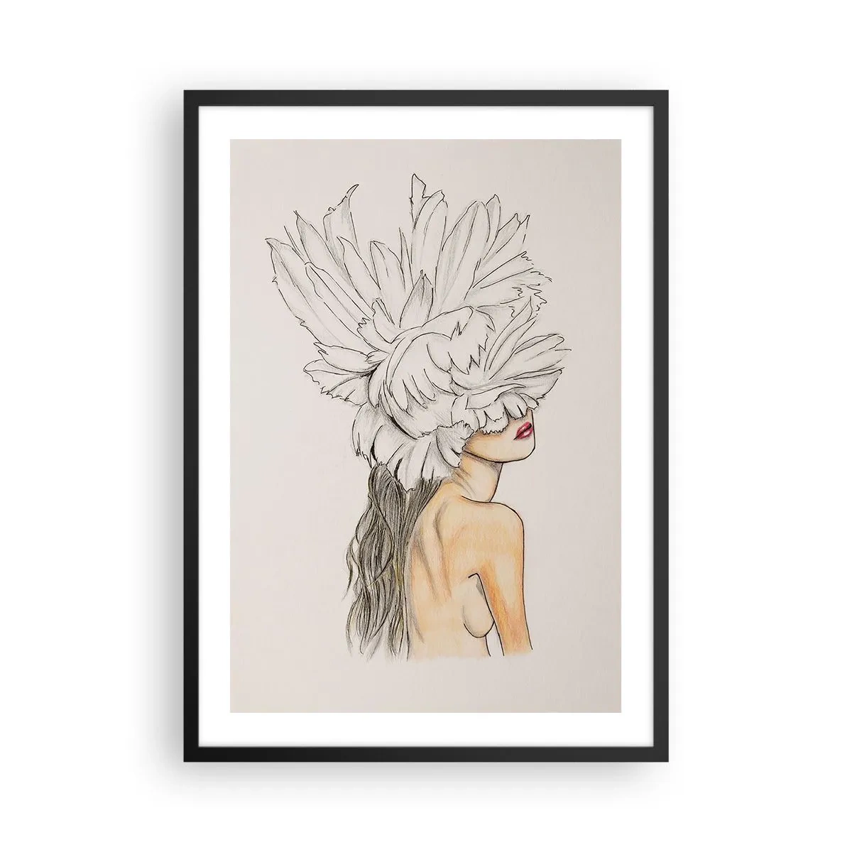 Pôster com moldura preta - Retrato de uma mulher com um chapéu de penas em estilo artístico - 50x70cm - Beleza coroada - Decoração de parede moderna para a sala de estar e quarto ARTTOR