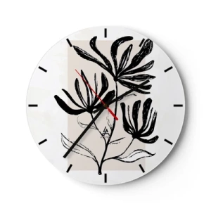 Relógio de parede - Relógio em vidro - Um esboço preto de uma planta em um fundo claro com um toque bege. - 30x30cm - Esboço para o herbário - Decoração de parede moderna para a sala de estar, cozinha e quarto ARTTOR