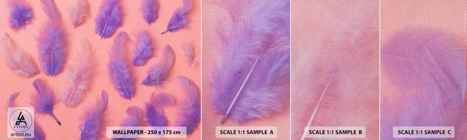 Amostra de papel de parede Premium Canvas - Ave lilás do desejo - Pena de pássaro, Inspiração, Gráficos - 100x30 cm
