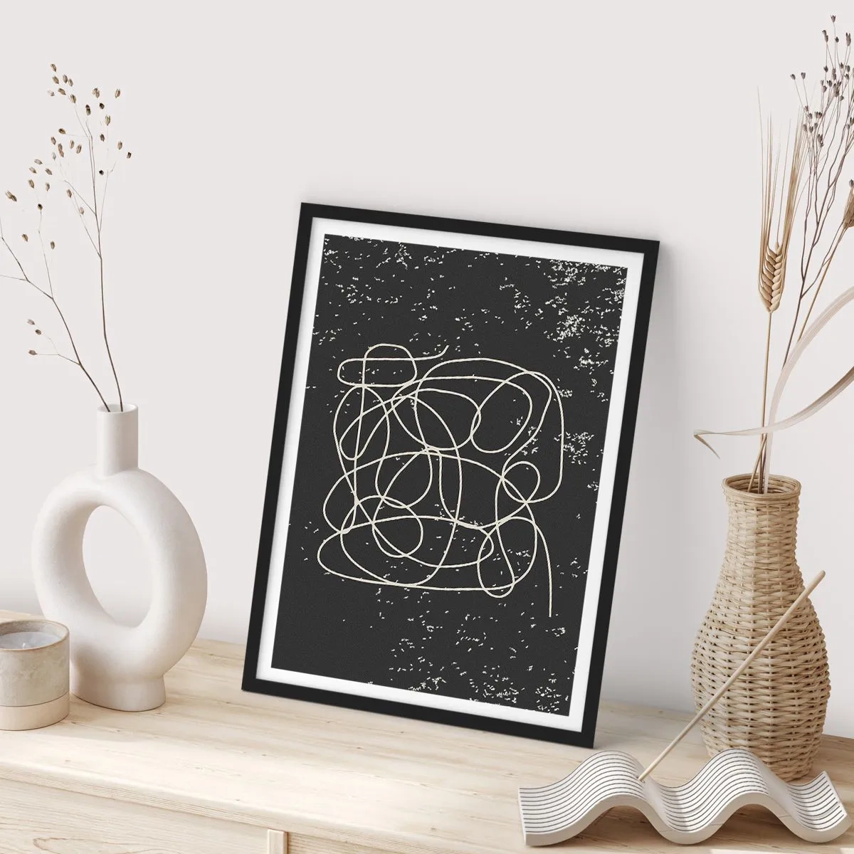 Pôster com moldura preta - Linhas caóticas em um fundo preto com pontos brancos - 50x70cm - Pensamentos errantes - Decoração de parede moderna para a sala de estar e quarto ARTTOR