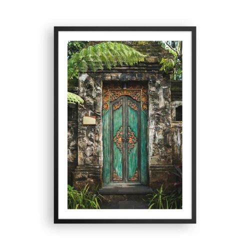 Pôster com moldura preta - Porta rústica com ornamentos orientais em verde - 50x70cm - Portas para um mundo exótico - Decoração de parede moderna para a sala de estar e quarto ARTTOR