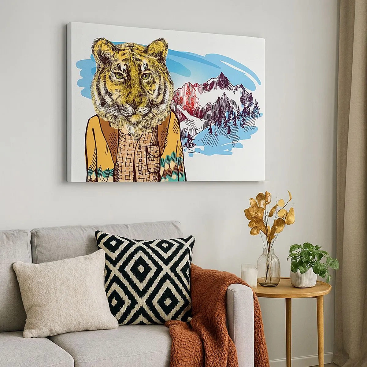 Quadro em tela - Um tigre com um casaco contra uma paisagem montanhosa - 70x50cm - Não tão selvagem como dizzem - Decoração de parede moderna para a sala de estar e quarto ARTTOR