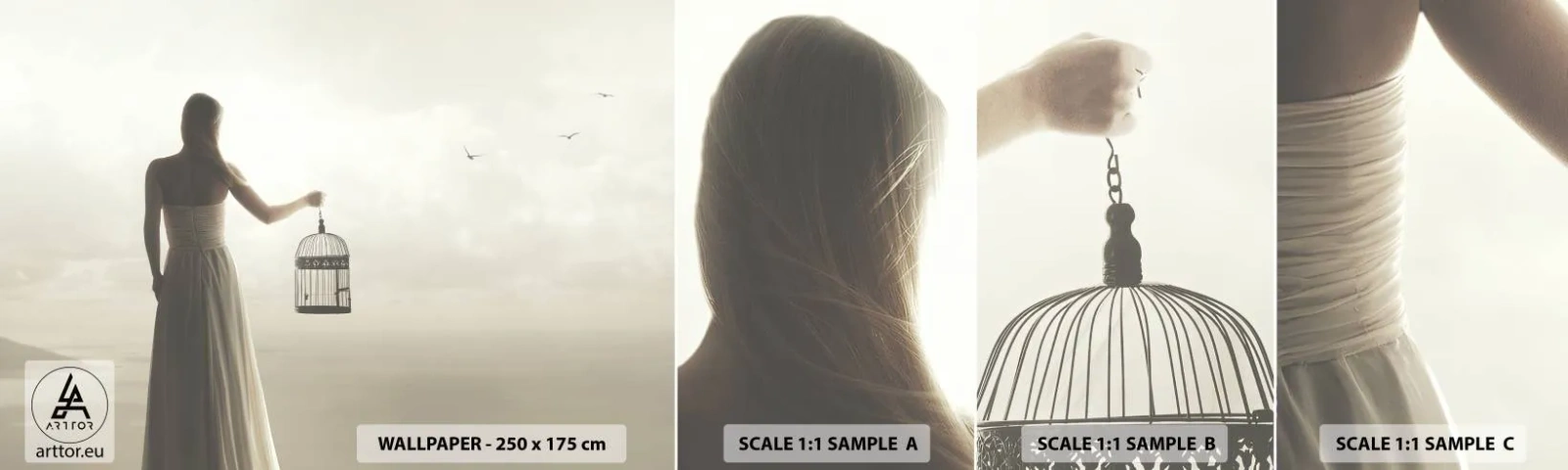 Amostra de Papel de Parede Standard Eco - Seja livre - Mulher, Gaiola, Pássaro - 100x30 cm