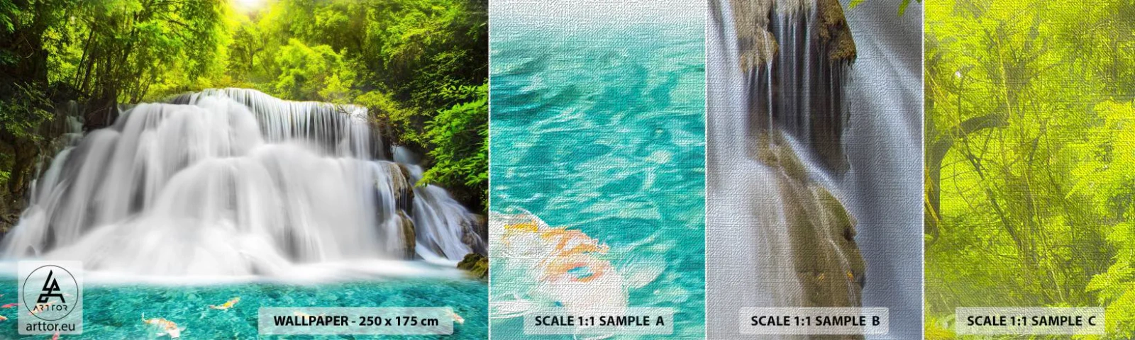 Amostra de papel de parede Premium Canvas - Cascata espumosa do verde ao azul - Paisagem, Cachoeira, Parque Nacional - 100x30 cm