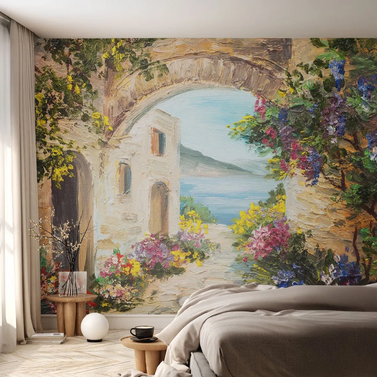 Papel de Parede Premium Sand - O encanto da província costeira - Arquitetura, Grécia, Flores - 300x210 cm