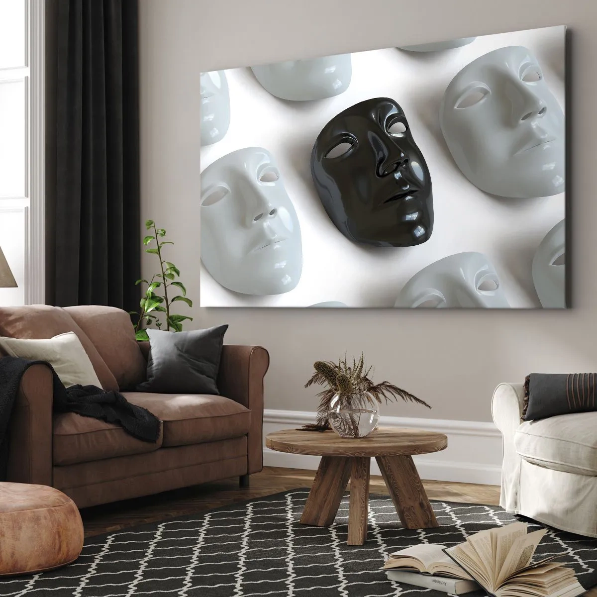 Quadro em tela - Máscaras pretas e brancas sobre fundo claro - 70x50cm - Como se destacar? - Decoração de parede moderna para a sala de estar e quarto ARTTOR