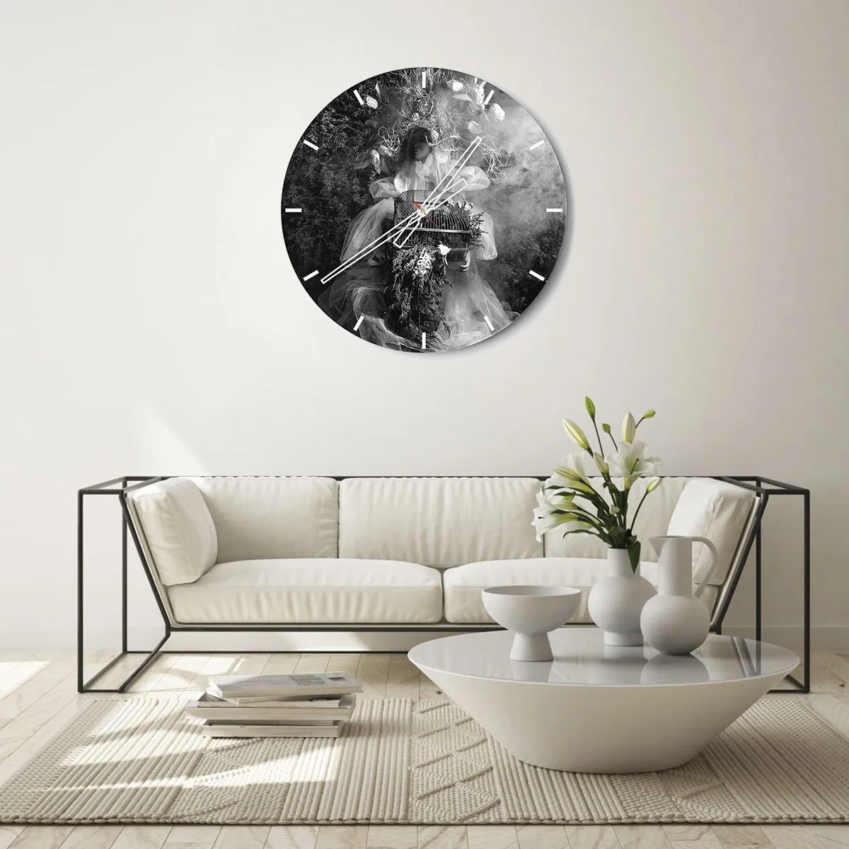 Relógio de parede - Relógio em vidro - Figura artística com uma gaiola e uma composição floral na fumaça - 30x30cm - A própria mãe – natureza - Decoração de parede moderna para a sala de estar, cozinha e quarto ARTTOR