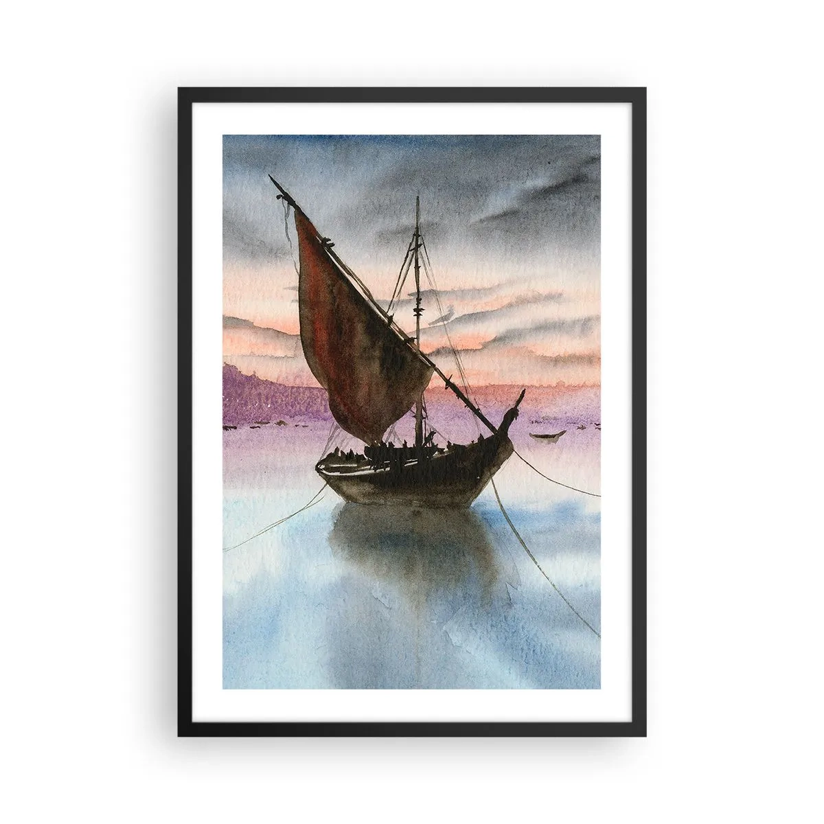 Pôster com moldura preta - Um veleiro em águas calmas à luz do pôr do sol - 50x70cm - Noite no porto - Decoração de parede moderna para a sala de estar e quarto ARTTOR