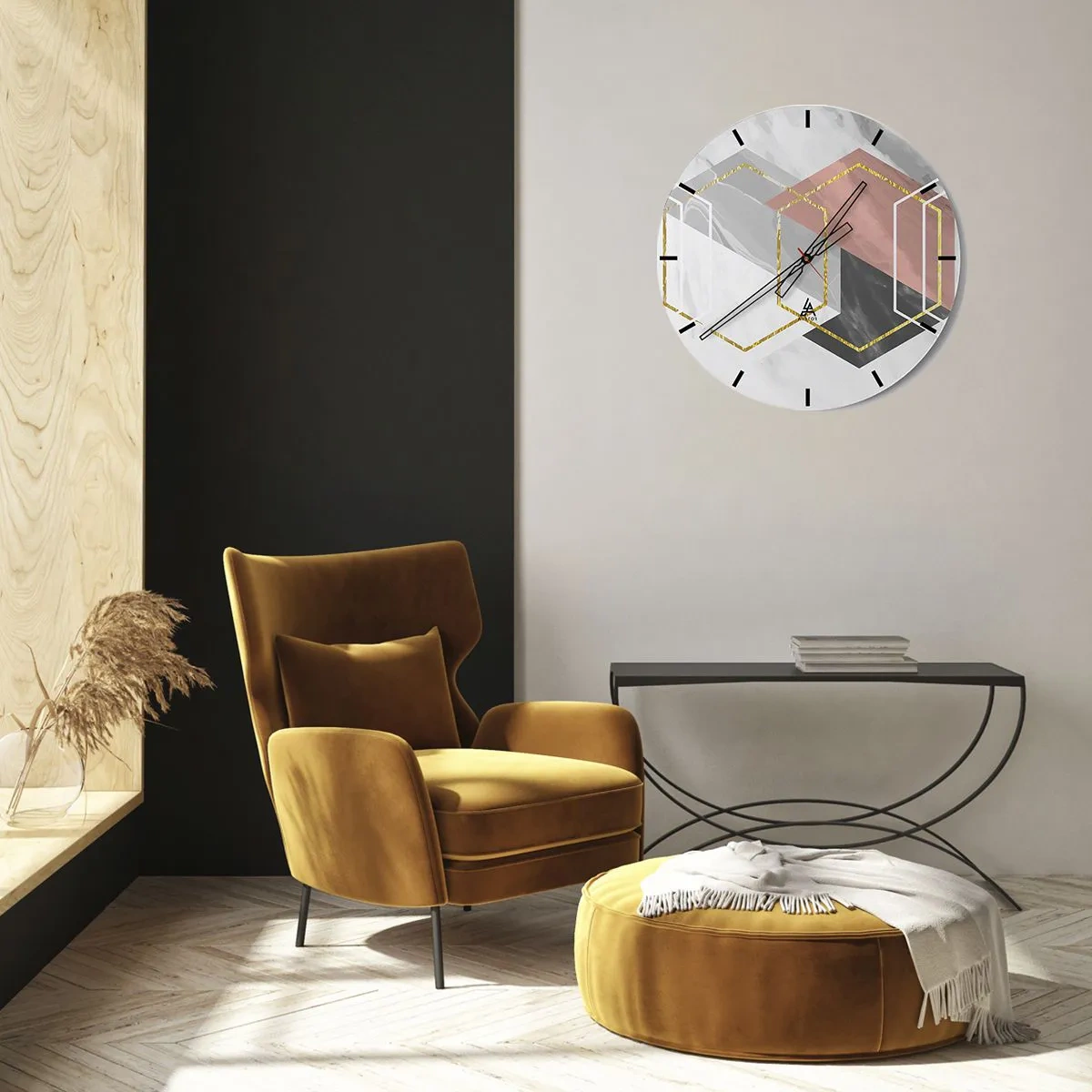 Relógio de parede - Relógio em vidro - Formas geométricas com blocos de cores e linhas douradas - 30x30cm - Composição em cadeia - Decoração de parede moderna para a sala de estar, cozinha e quarto ARTTOR