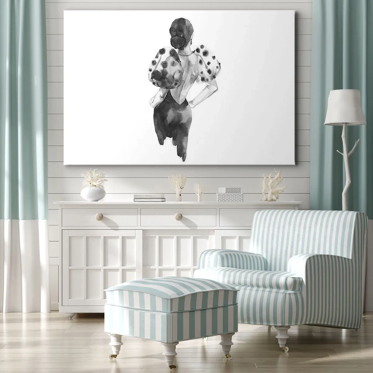 Quadro em tela - Ilustração minimalista em aquarela de uma mulher - 70x50cm - Ela passou por aqui - Decoração de parede moderna para a sala de estar e quarto ARTTOR