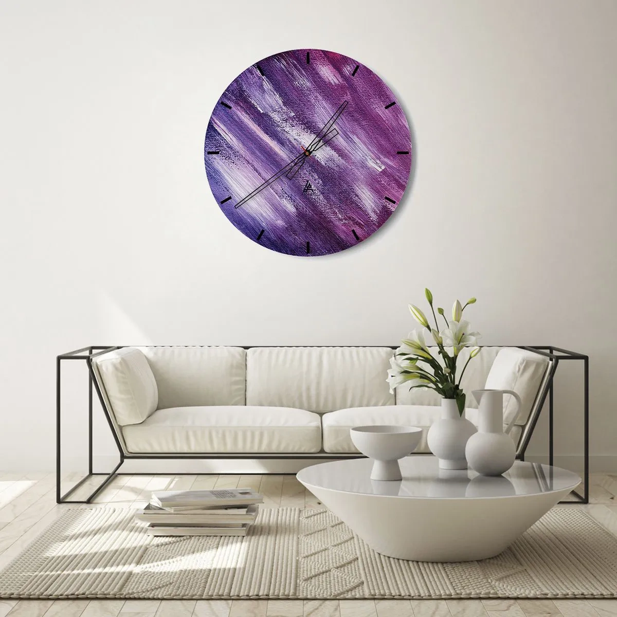 Relógio de parede - Relógio em vidro - Pinceladas abstratas em tons de roxo e rosa - 30x30cm - Quando o vento sopra - Decoração de parede moderna para a sala de estar, cozinha e quarto ARTTOR