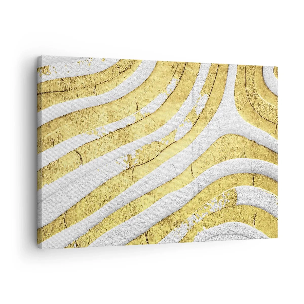 Quadro em tela - Linhas abstratas douradas e brancas em uma textura 3D - 70x50cm - Composição a branco e ouro - Decoração de parede moderna para a sala de estar e quarto ARTTOR