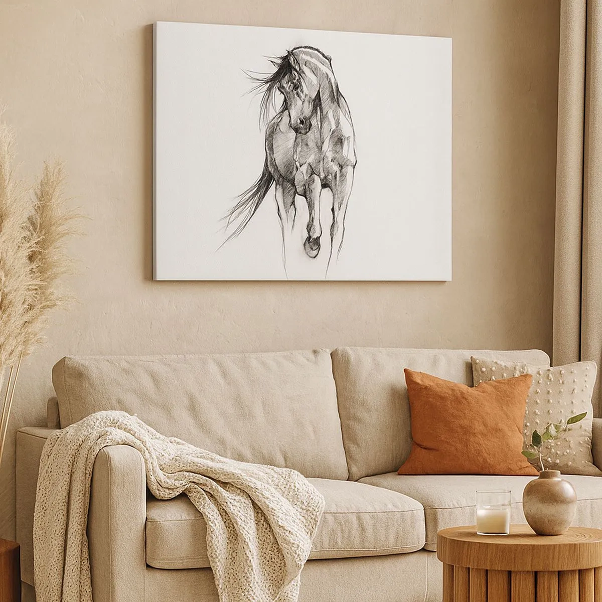 Quadro em tela - Desenho em preto e branco de um cavalo galopando - 70x50cm - Num trote gracioso - Decoração de parede moderna para a sala de estar e quarto ARTTOR