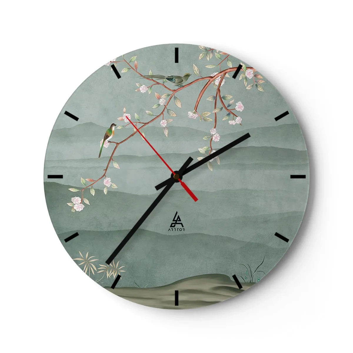 Relógio de parede - Relógio em vidro - Um ramo com flores e pássaros contra um fundo de colinas verdes - 30x30cm - Primavera, oh, és tu - Decoração de parede moderna para a sala de estar, cozinha e quarto ARTTOR