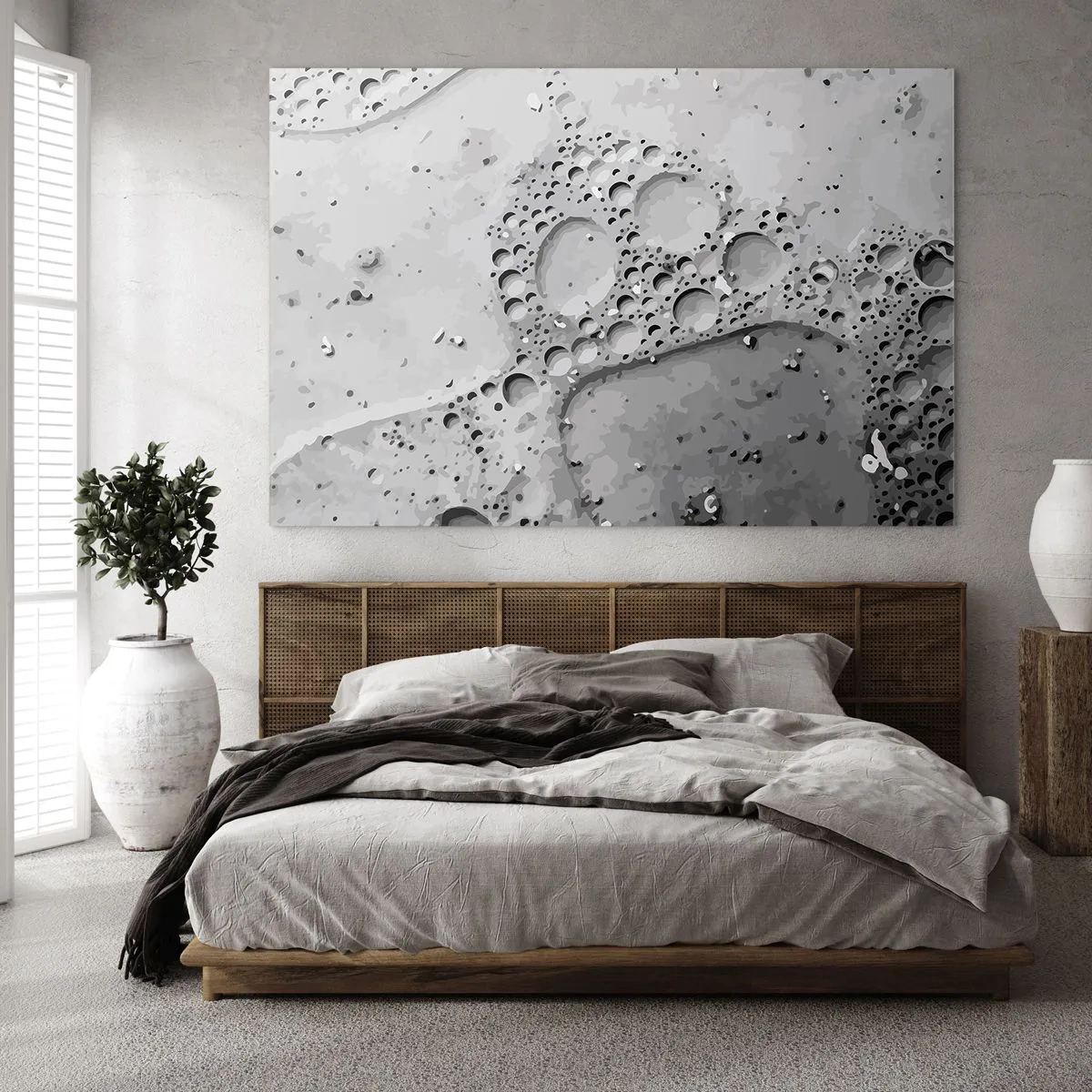 Quadro em vidro - Padrão de bolhas abstratas na superfície em tons de cinza - 70x50cm - Vestígio de espuma - Decoração de parede moderna para a sala de estar e quarto ARTTOR
