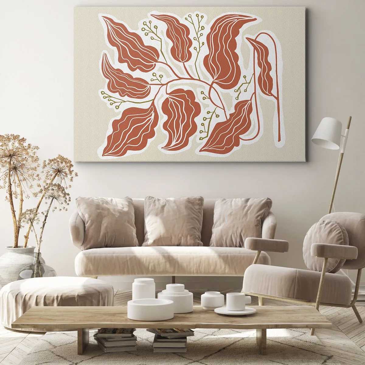 Quadro em tela - Um motivo minimalista de folhas em tons de laranja e verde. - 70x50cm - Folclórico e coral - Decoração de parede moderna para a sala de estar e quarto ARTTOR