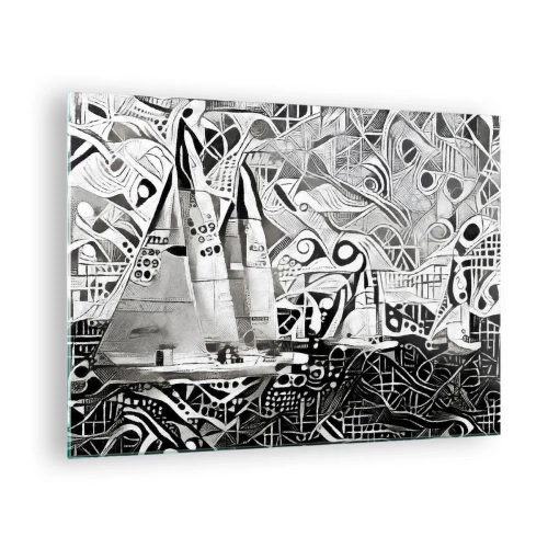 Quadro em vidro - Abstração em preto e branco com veleiros e padrões geométricos - 70x50cm - Entre as ondas - Decoração de parede moderna para a sala de estar e quarto ARTTOR
