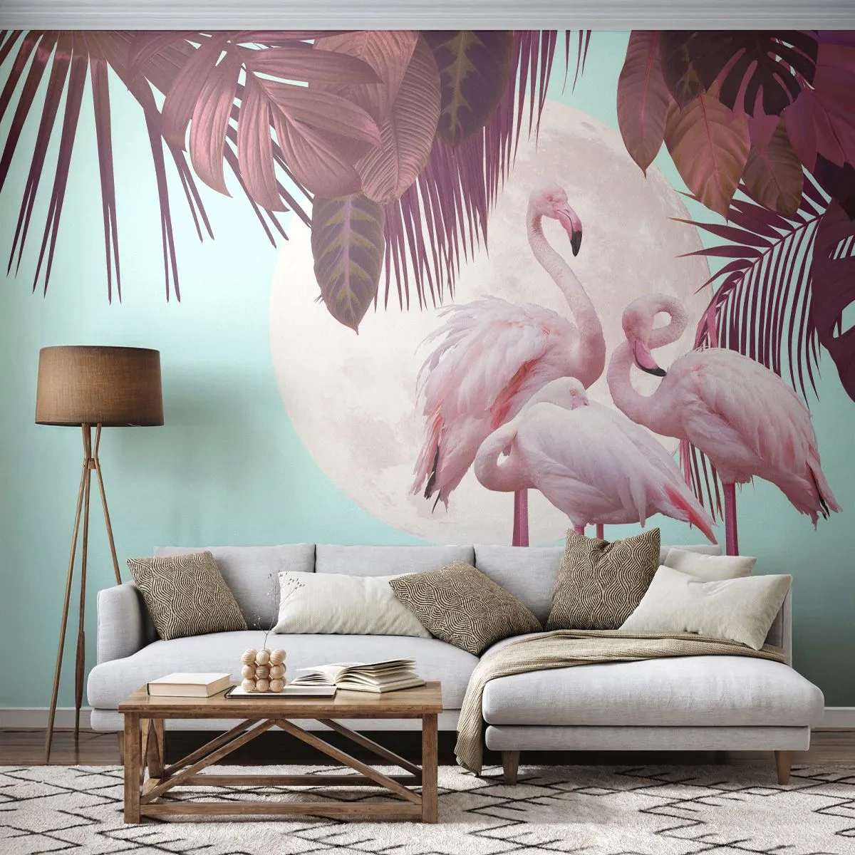 Papel de Parede Premium Sand - Três graças de pássaros - Flamingos, Pássaros, Natureza - 100x70 cm