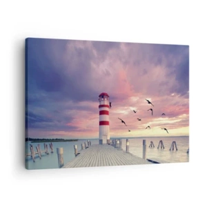 Quadro em tela - Um farol no cais cercado por um pôr do sol pitoresco - 70x50cm - Hora de ir ao porto - Decoração de parede moderna para a sala de estar e quarto ARTTOR