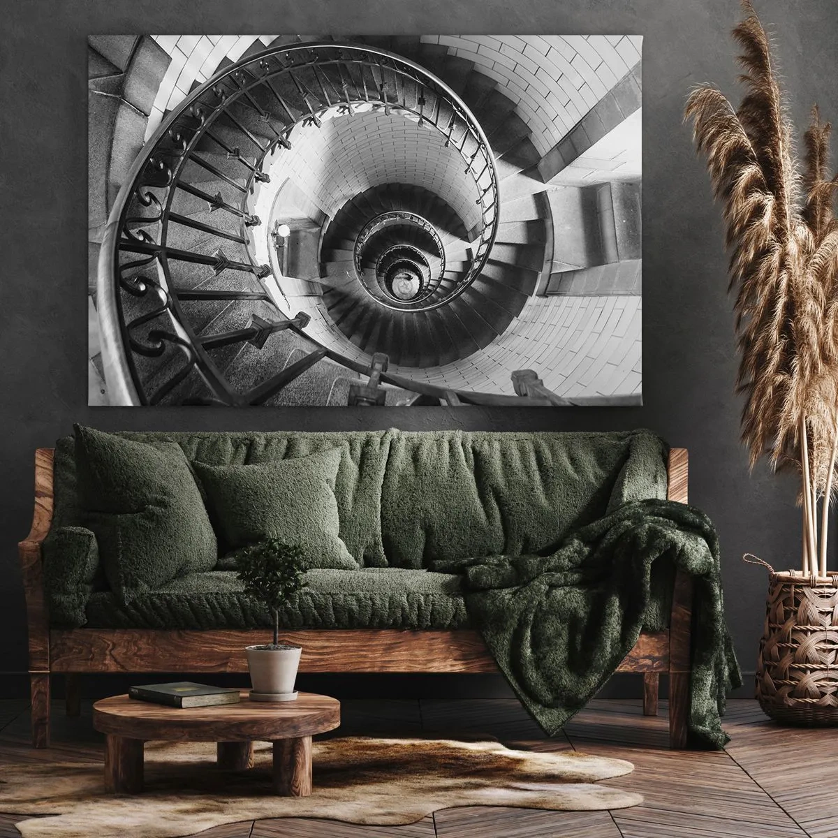Quadro em tela - Fotografia em preto e branco de uma escada em espiral com perspectiva de cima para baixo - 70x50cm - Cada vez mais alto - Decoração de parede moderna para a sala de estar e quarto ARTTOR