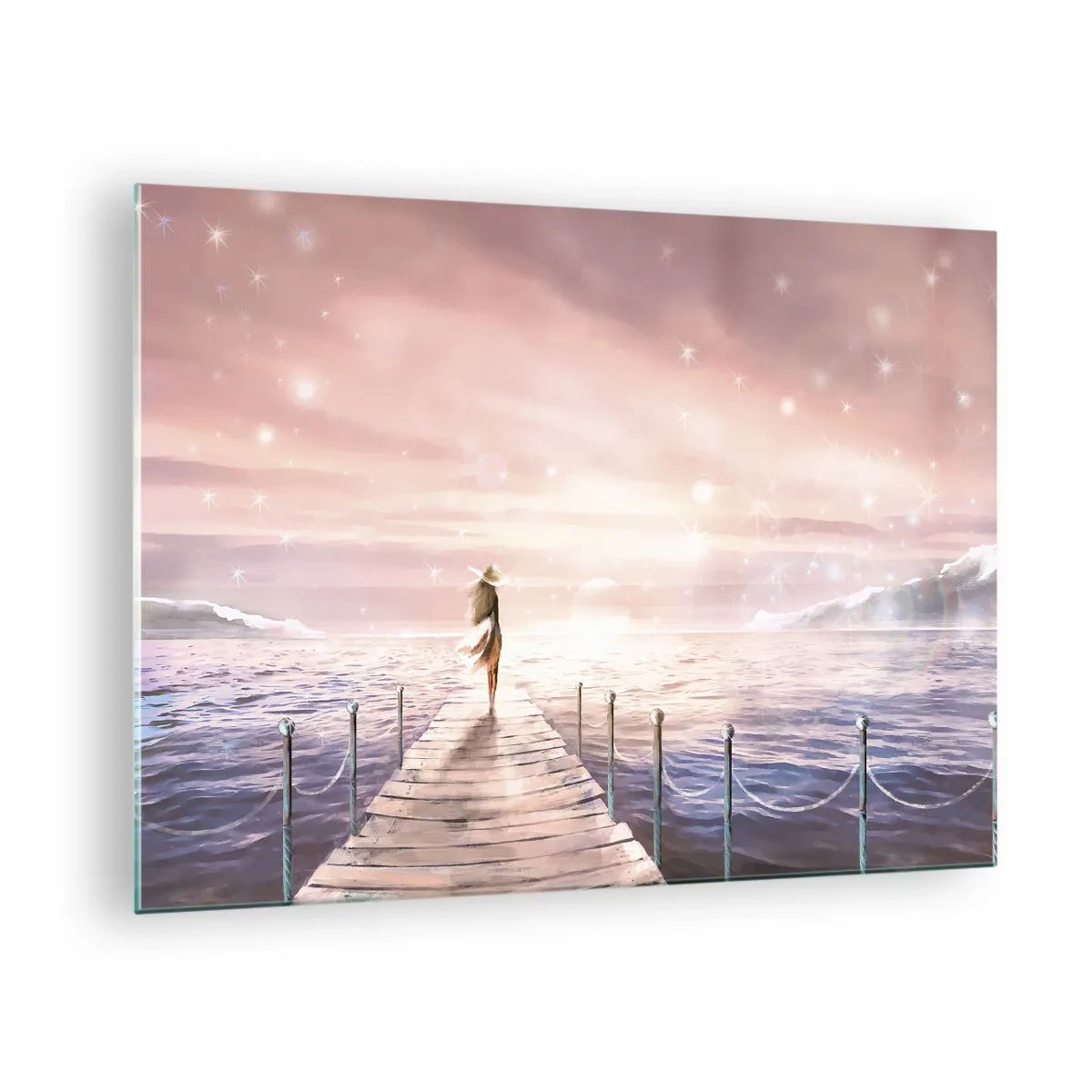 Quadro em vidro - Mulher no píer ao pôr do sol - 70x50cm - À luz de um sonho - Decoração de parede moderna para a sala de estar e quarto ARTTOR