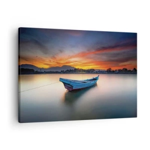 Quadro em tela - Um barco na água durante um pôr do sol pitoresco - 70x50cm - Uma boa noite se aproxima - Decoração de parede moderna para a sala de estar e quarto ARTTOR