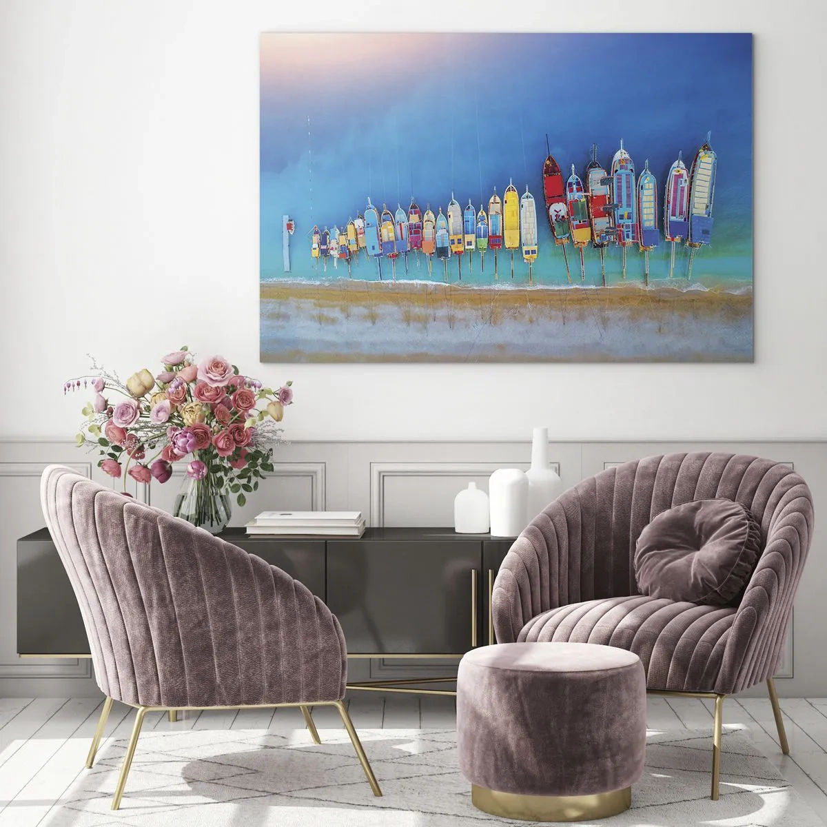 Quadro em vidro - Barcos coloridos na costa do mar turquesa - 70x50cm - Vista panorâmica - Decoração de parede moderna para a sala de estar e quarto ARTTOR