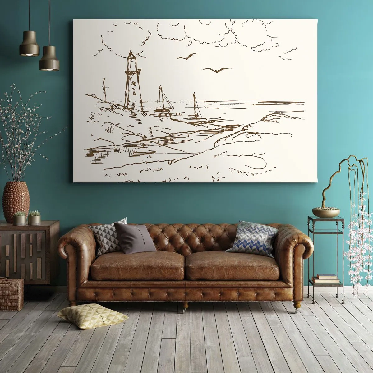 Quadro em tela - Esboço de um farol com vista para o mar - 70x50cm - Esboço das memórias do verão - Decoração de parede moderna para a sala de estar e quarto ARTTOR