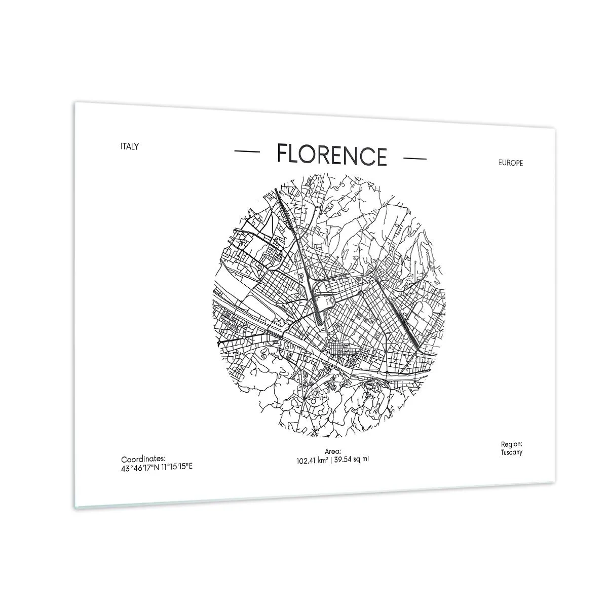 Quadro em vidro - Florença na forma de um mapa estilizado com uma rede de ruas - 70x50cm - A anatomia de Florença - Decoração de parede moderna para a sala de estar e quarto ARTTOR