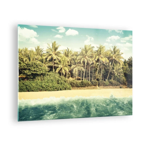 Quadro em vidro - Uma praia exótica com palmeiras e um mar azul-turquesa em um dia ensolarado - 70x50cm - Ou talvez aqui? - Decoração de parede moderna para a sala de estar e quarto ARTTOR