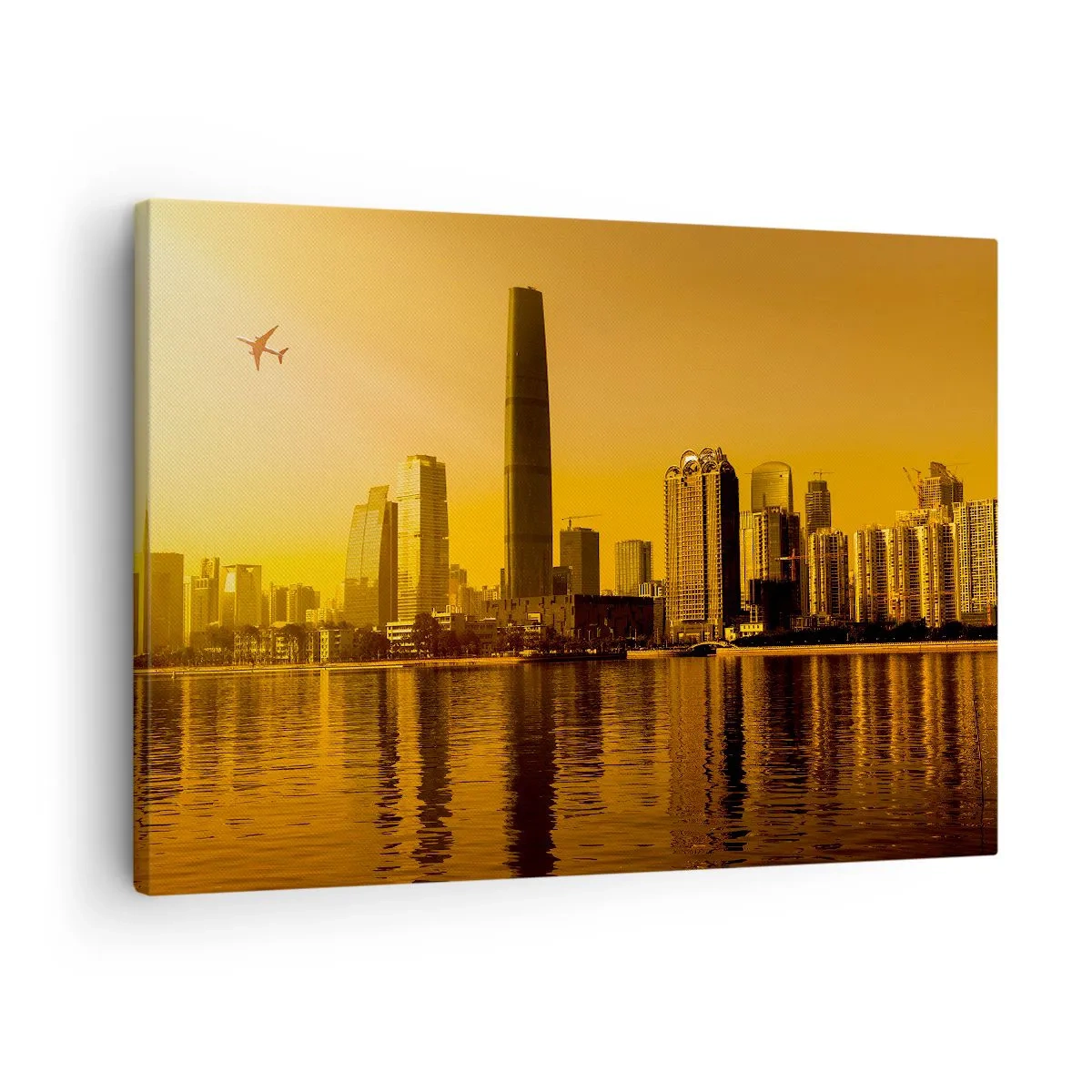 Quadro em tela - Panorama da cidade ao pôr do sol com arranha-céus e um avião - 70x50cm - Cidade Dourada - Decoração de parede moderna para a sala de estar e quarto ARTTOR