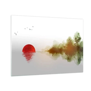 Quadro em vidro - Sol vermelho sobre a água e o contorno da floresta - 70x50cm - Uma promessa de paz - Decoração de parede moderna para a sala de estar e quarto ARTTOR