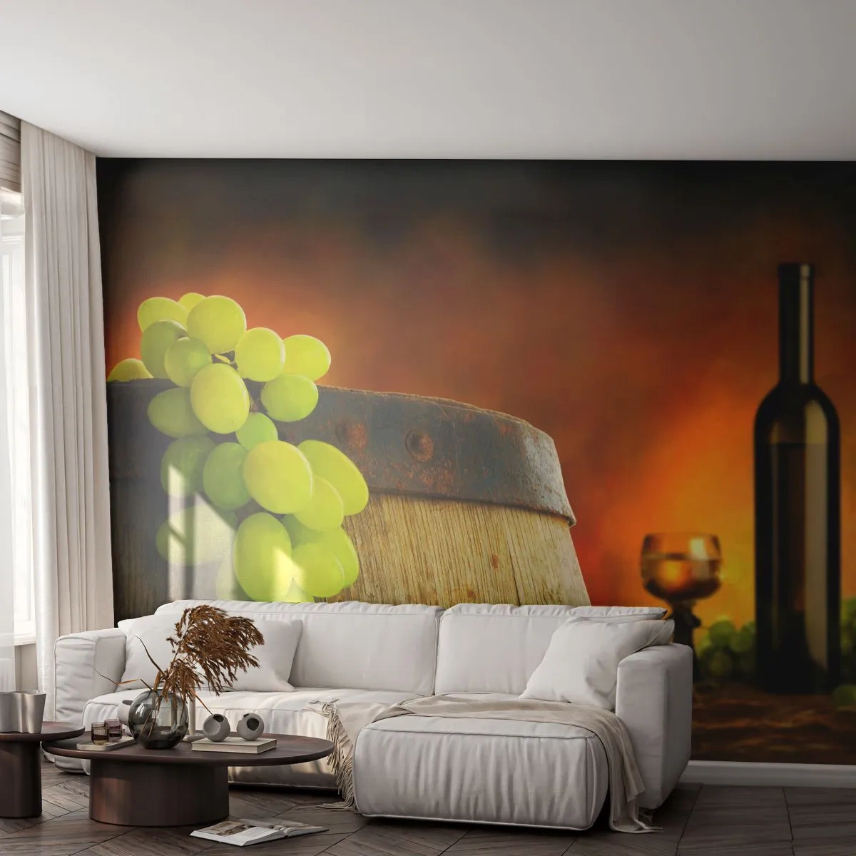 Papel de Parede Autocolante Deluxe Sticker - Natureza morta com uma garrafa de vinho e um cacho de uvas - Uva, Vinho, Barril de vinho - 250x175 cm