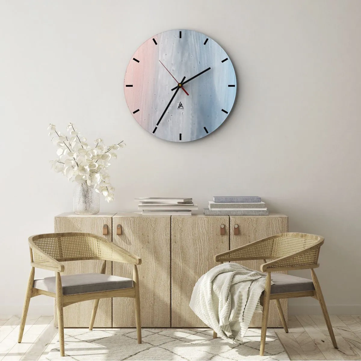 Relógio de parede - Relógio em vidro - Transições de cores pastel do rosa ao cinza e ao azul intenso - 30x30cm - Elementos: ar - Decoração de parede moderna para a sala de estar, cozinha e quarto ARTTOR