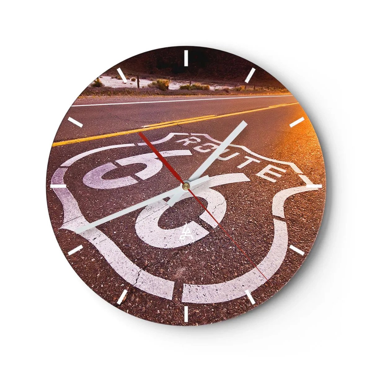 Relógio de parede - Relógio em vidro - Símbolo da Rota 66 em uma estrada pavimentada ao pôr do sol - 30x30cm - A famosa estrada 66 - Decoração de parede moderna para a sala de estar, cozinha e quarto ARTTOR