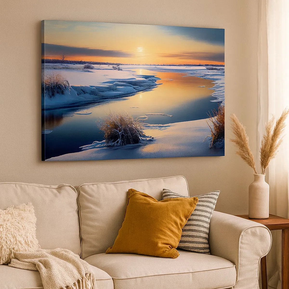 Quadro em tela - Paisagem de inverno com um rio ao pôr do sol - 70x50cm - Pôr do sol de inverno - Decoração de parede moderna para a sala de estar e quarto ARTTOR