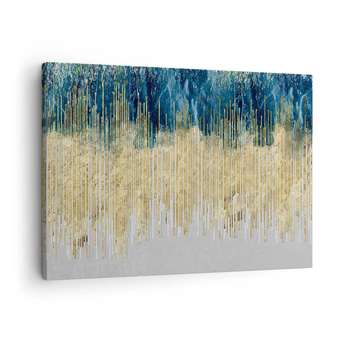 Quadro em tela - Linhas douradas sobre um fundo de abstração azul marinho e cinza - 70x50cm - Borda dourada - Decoração de parede moderna para a sala de estar e quarto ARTTOR