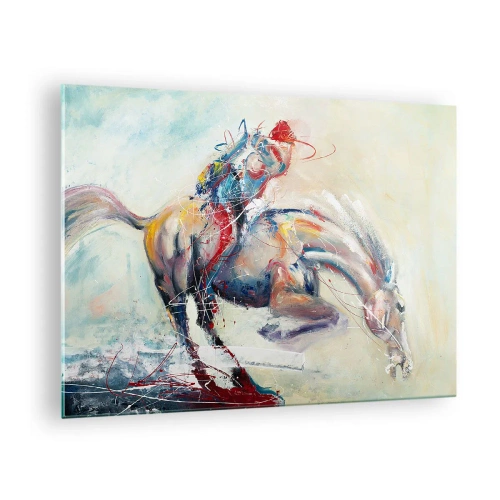 Quadro em vidro - Uma imagem abstrata de um cavalo em movimento dinâmico. - 70x50cm - Segure-se, vamos pular - Decoração de parede moderna para a sala de estar e quarto ARTTOR